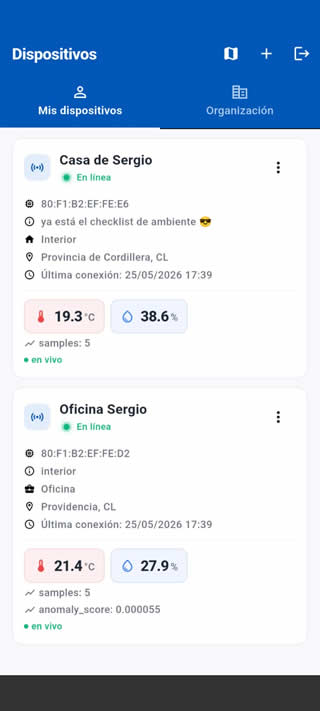 Pantalla de la app con lista de dispositivos y variables ambientales
