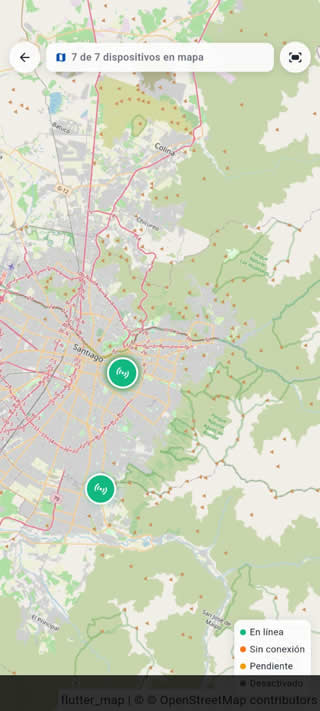 Pantalla de la app con vista de dispositivos en el mapa